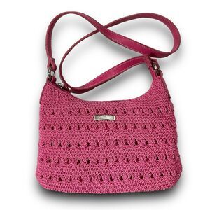 Minicci Crocheted Knit Macrame Pink Crossbody Bag Shoulder Bag Purse Handbag